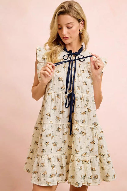 BiBi Floral Multi-tierd Dress With Ruffles And Front Tie - Bitsy Gypsy Boutique