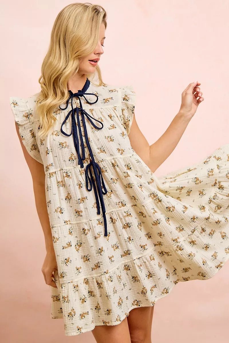 BiBi Floral Multi-tierd Dress With Ruffles And Front Tie - Bitsy Gypsy Boutique