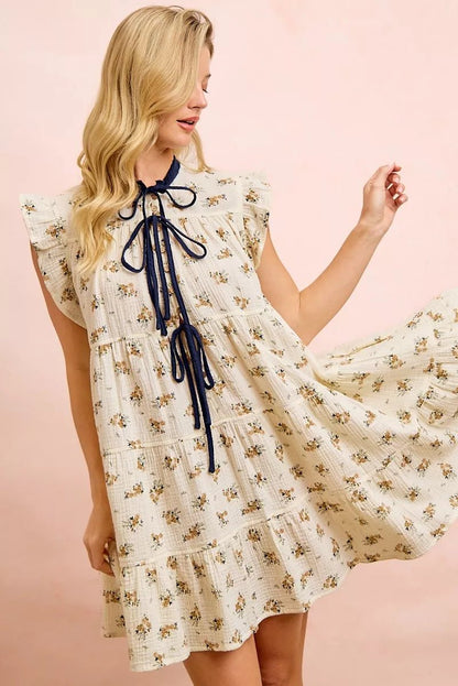 BiBi Floral Multi-tierd Dress With Ruffles And Front Tie - Bitsy Gypsy Boutique