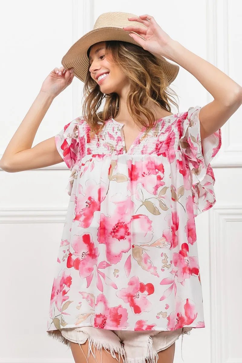 BiBi Floral Print Flutter Sheer Top - Bitsy Gypsy Boutique