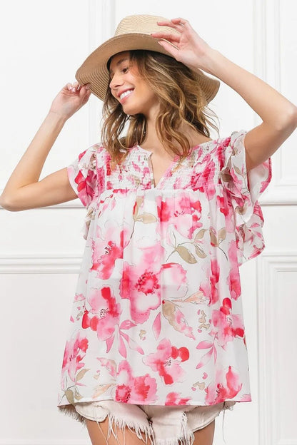 BiBi Floral Print Flutter Sheer Top - Bitsy Gypsy Boutique