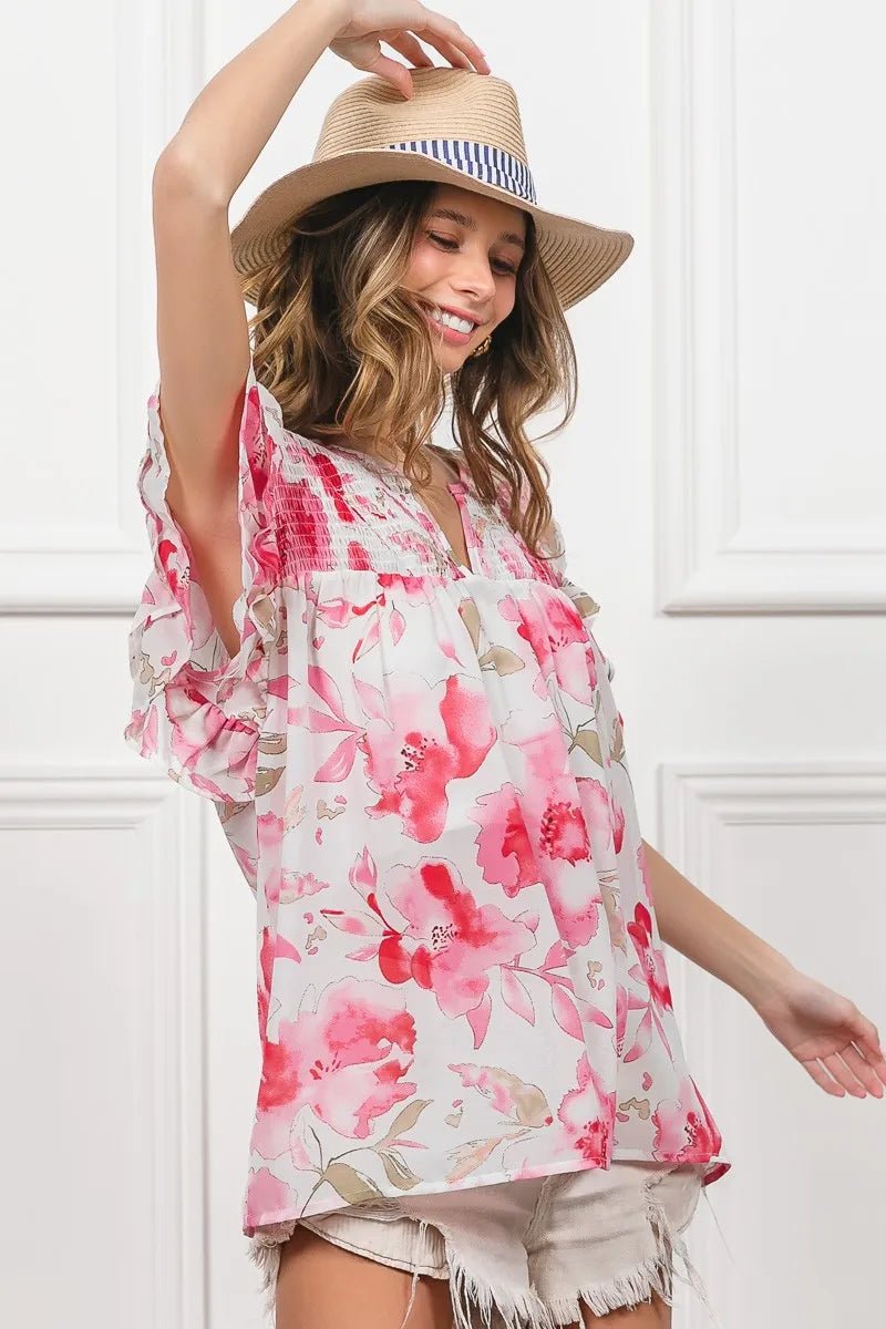 BiBi Floral Print Flutter Sheer Top - Bitsy Gypsy Boutique