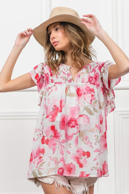 BiBi Floral Print Flutter Sheer Top - Bitsy Gypsy Boutique
