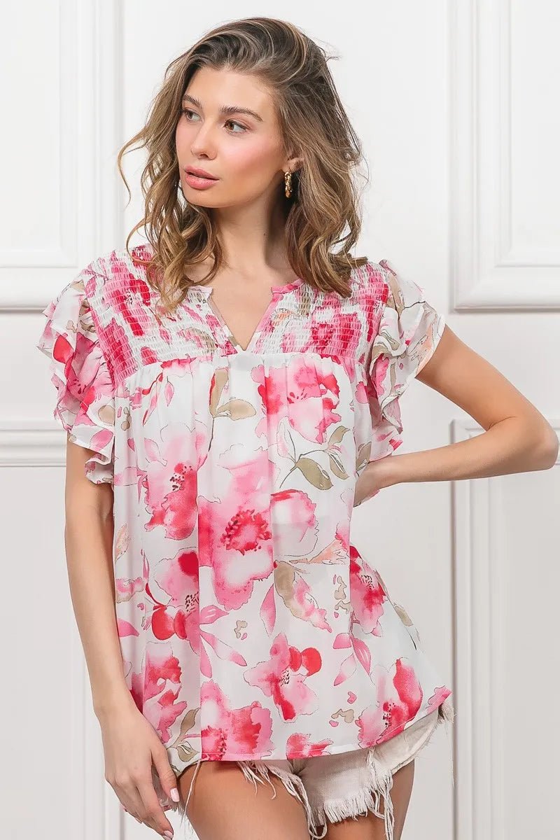 BiBi Floral Print Flutter Sheer Top - Bitsy Gypsy Boutique