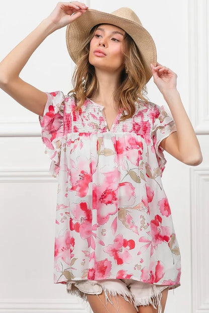 BiBi Floral Print Flutter Sheer Top - Bitsy Gypsy Boutique