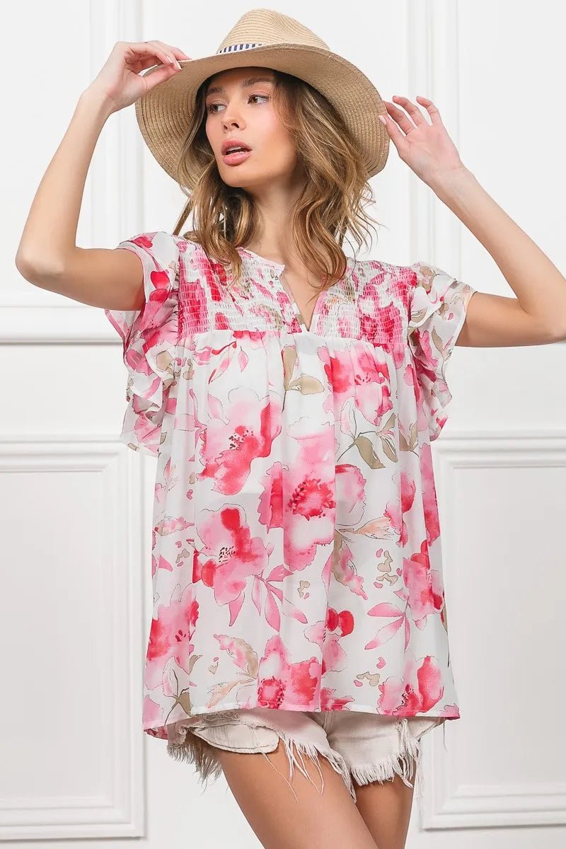 BiBi Floral Print Flutter Sheer Top - Bitsy Gypsy Boutique