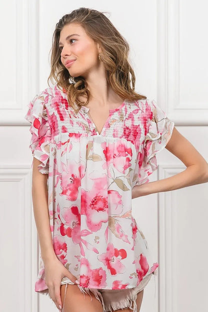 BiBi Floral Print Flutter Sheer Top - Bitsy Gypsy Boutique