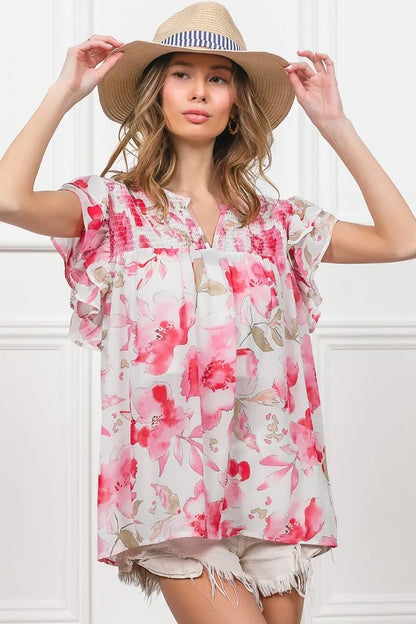 BiBi Floral Print Flutter Sheer Top - Bitsy Gypsy Boutique