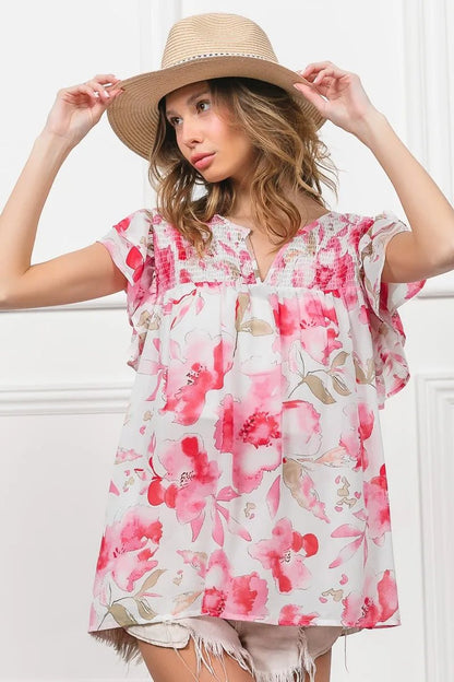 BiBi Floral Print Flutter Sheer Top - Bitsy Gypsy Boutique