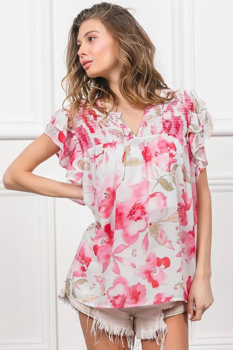 BiBi Floral Print Flutter Sheer Top - Bitsy Gypsy Boutique