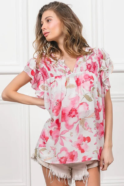 BiBi Floral Print Flutter Sheer Top - Bitsy Gypsy Boutique