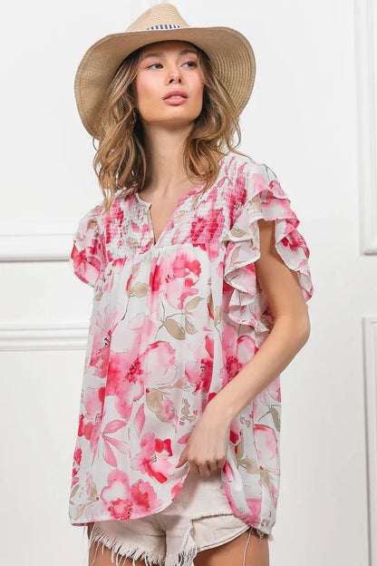 BiBi Floral Print Flutter Sheer Top - Bitsy Gypsy Boutique