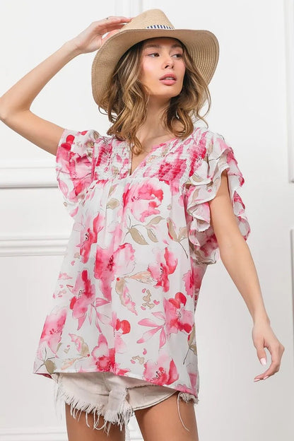 BiBi Floral Print Flutter Sheer Top - Bitsy Gypsy Boutique