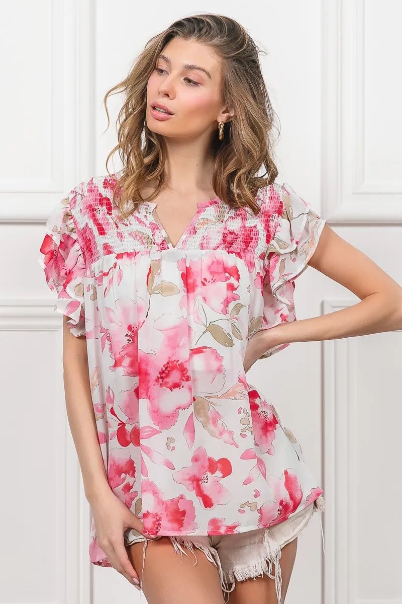 BiBi Floral Print Flutter Sheer Top - Bitsy Gypsy Boutique