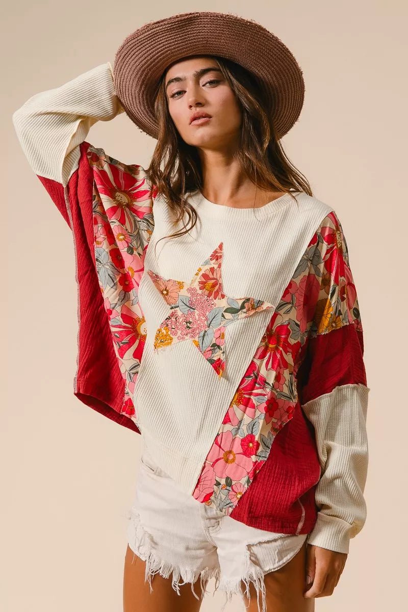 BiBi Floral Print Mixed Star Patch Round Neck Sweatshirt - Bitsy Gypsy Boutique
