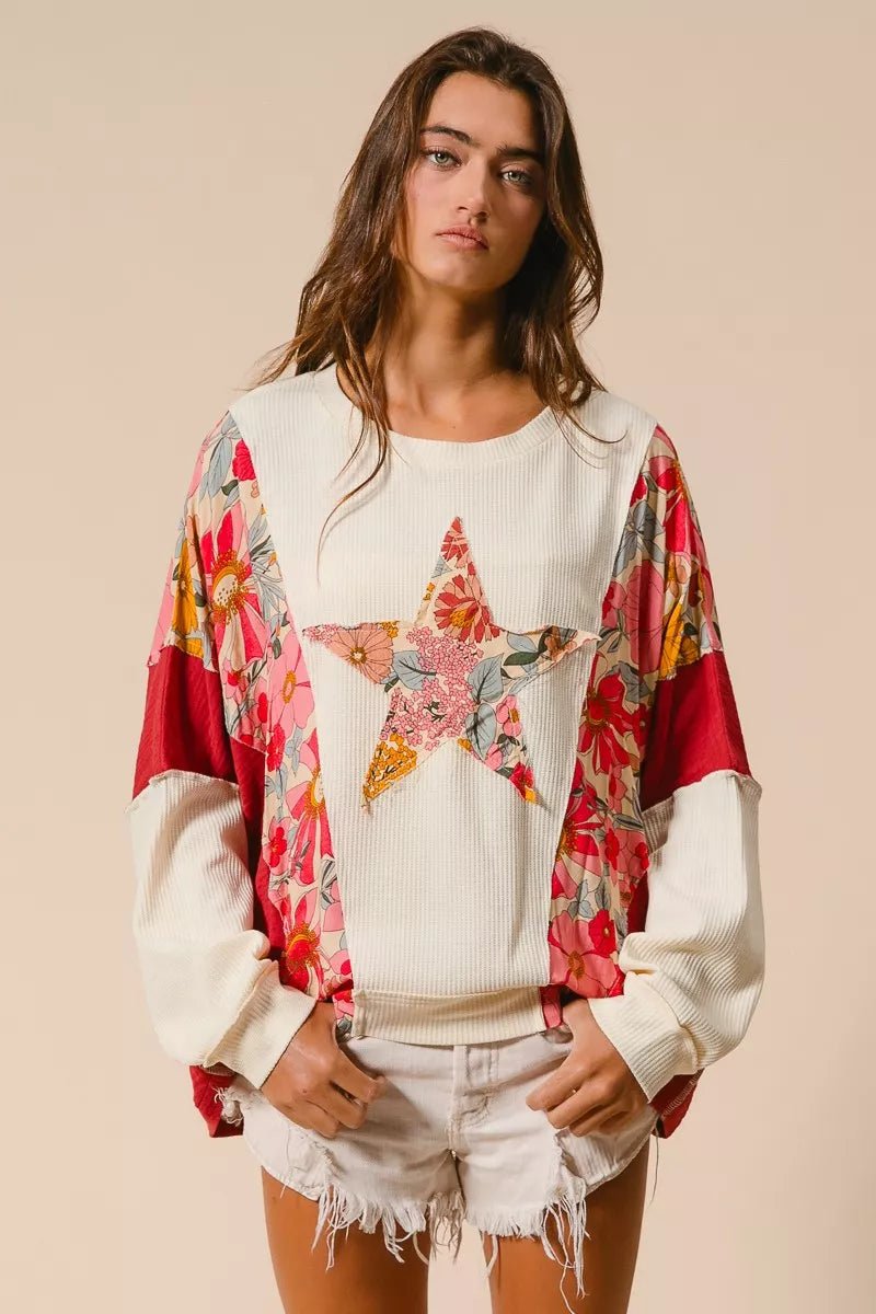 BiBi Floral Print Mixed Star Patch Round Neck Sweatshirt - Bitsy Gypsy Boutique
