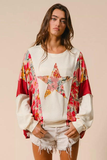 BiBi Floral Print Mixed Star Patch Round Neck Sweatshirt - Bitsy Gypsy Boutique