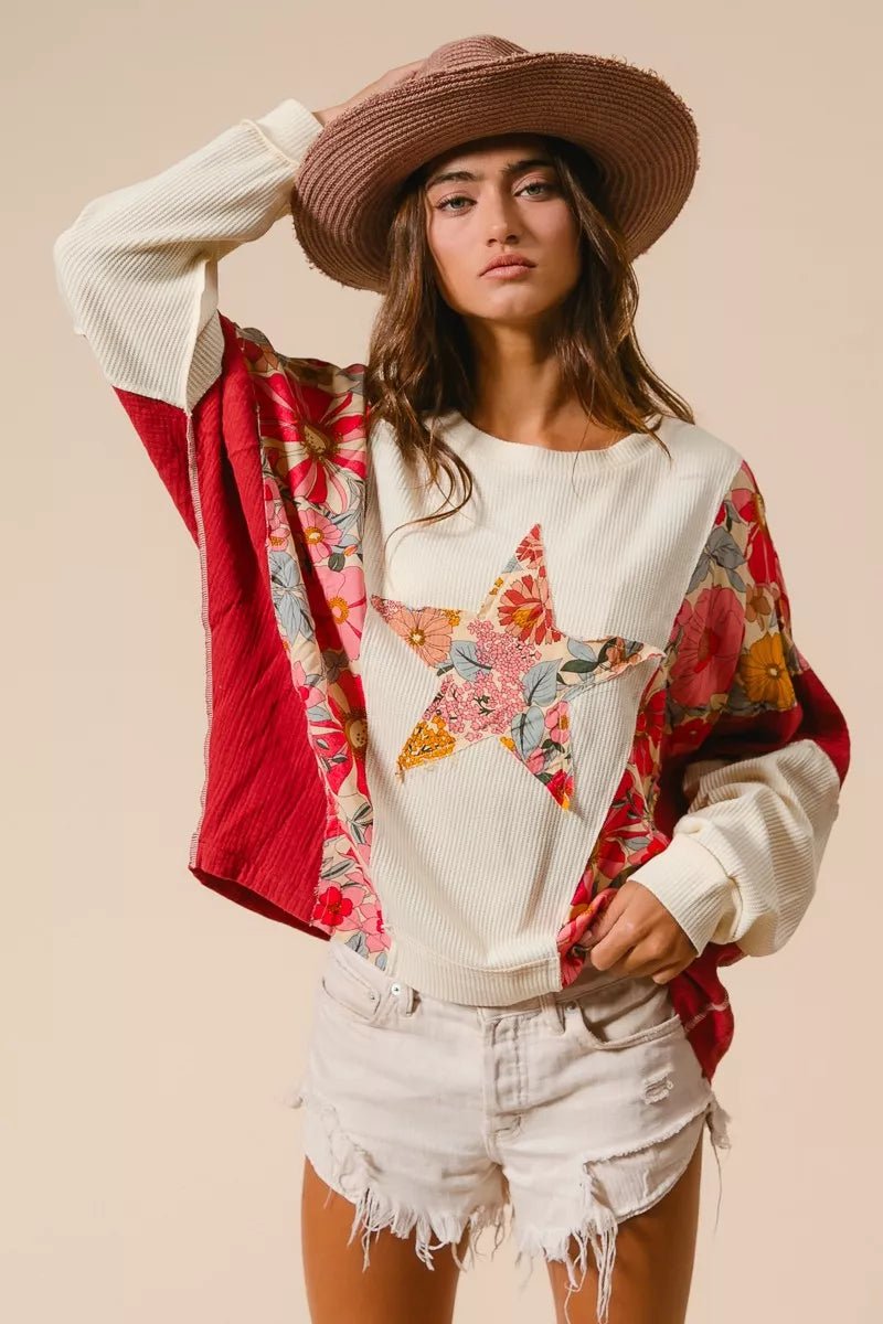 BiBi Floral Print Mixed Star Patch Round Neck Sweatshirt - Bitsy Gypsy Boutique