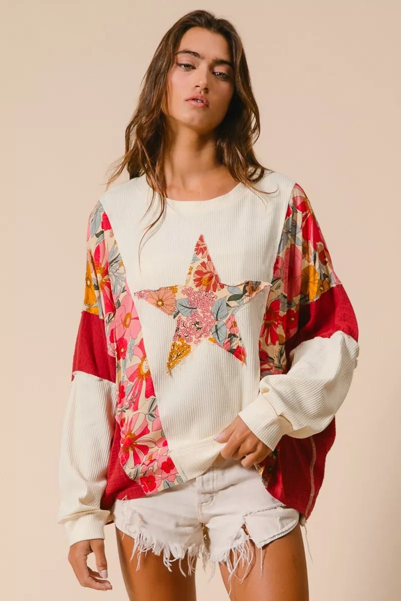BiBi Floral Print Mixed Star Patch Round Neck Sweatshirt - Bitsy Gypsy Boutique