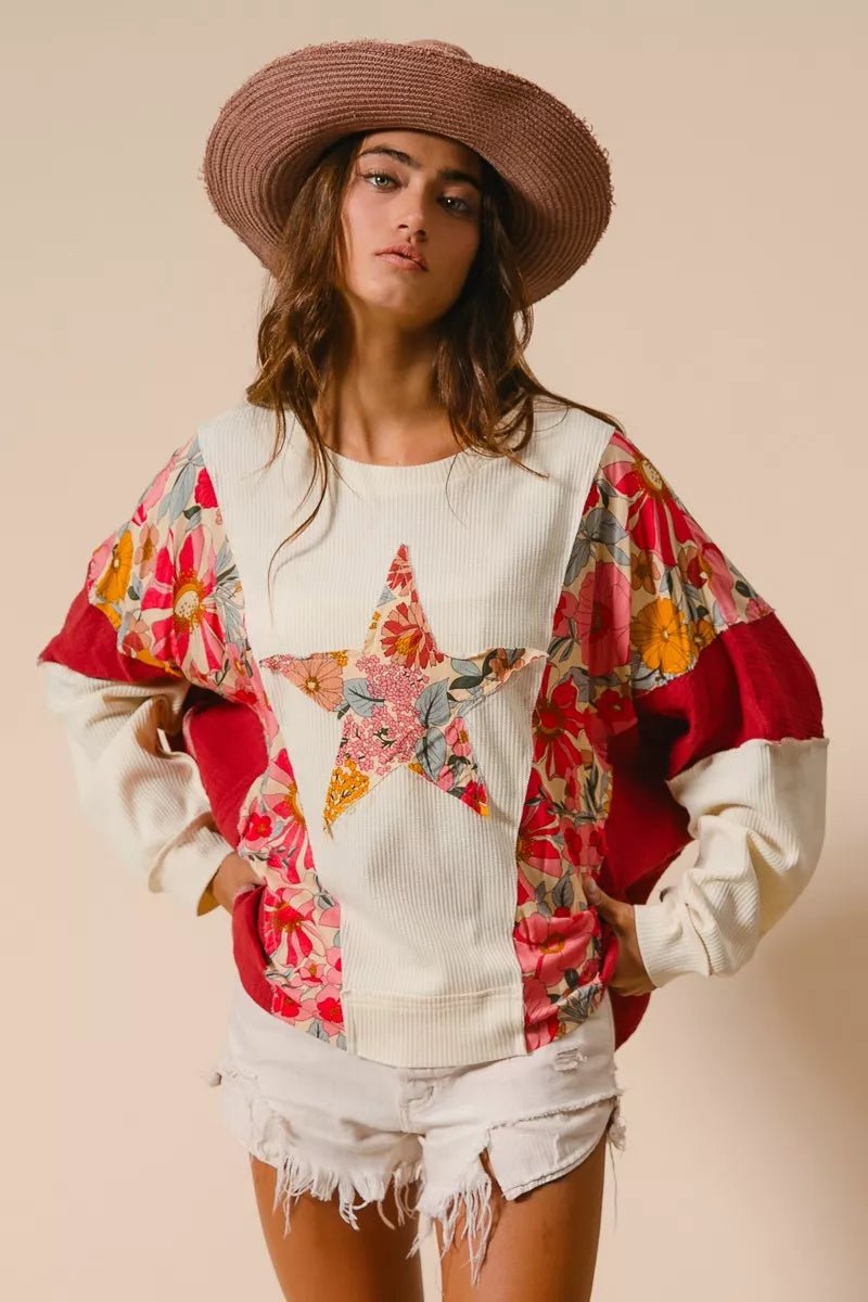 BiBi Floral Print Mixed Star Patch Round Neck Sweatshirt - Bitsy Gypsy Boutique