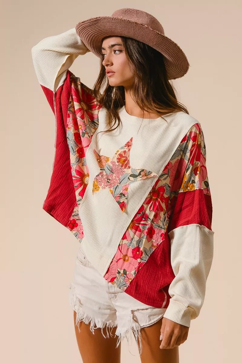 BiBi Floral Print Mixed Star Patch Round Neck Sweatshirt - Bitsy Gypsy Boutique