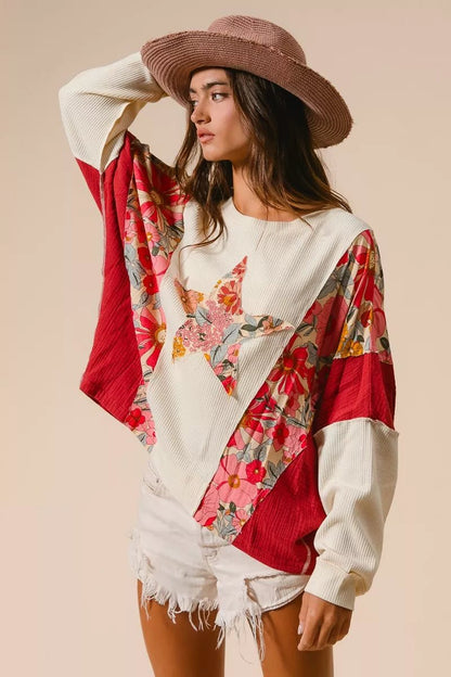 BiBi Floral Print Mixed Star Patch Round Neck Sweatshirt - Bitsy Gypsy Boutique