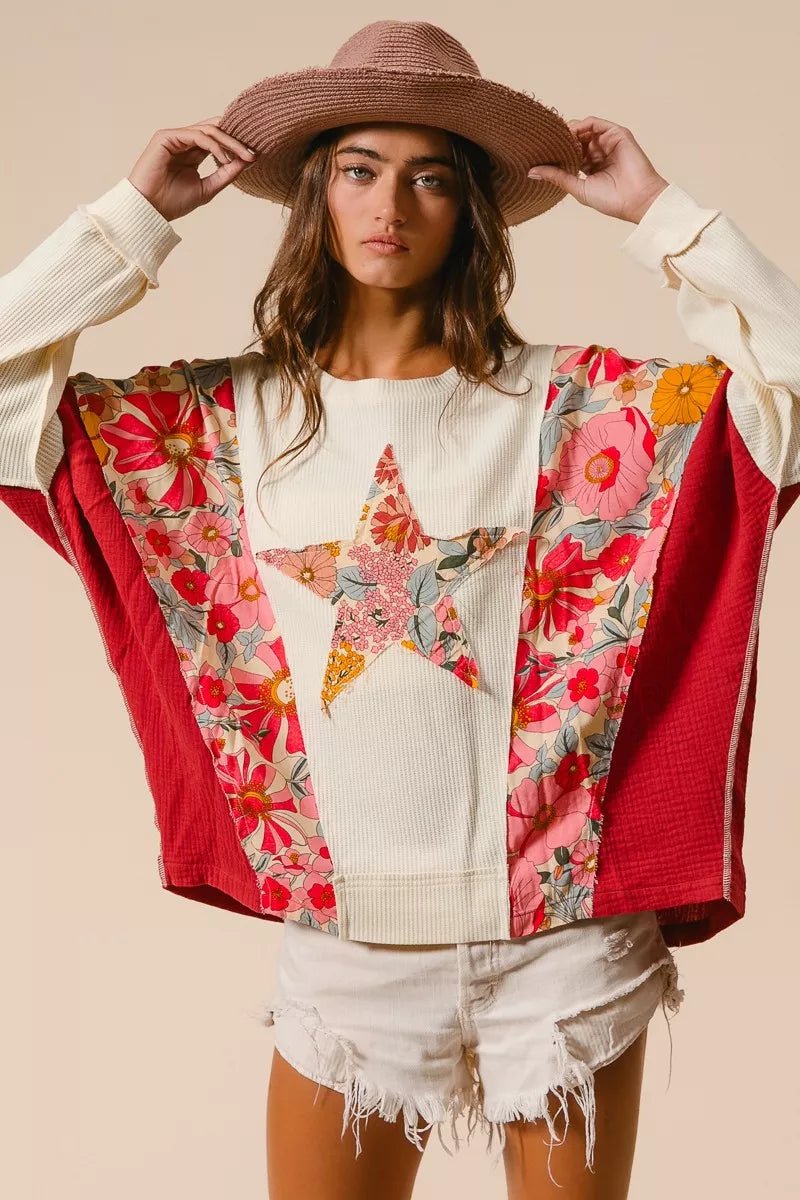 BiBi Floral Print Mixed Star Patch Round Neck Sweatshirt - Bitsy Gypsy Boutique