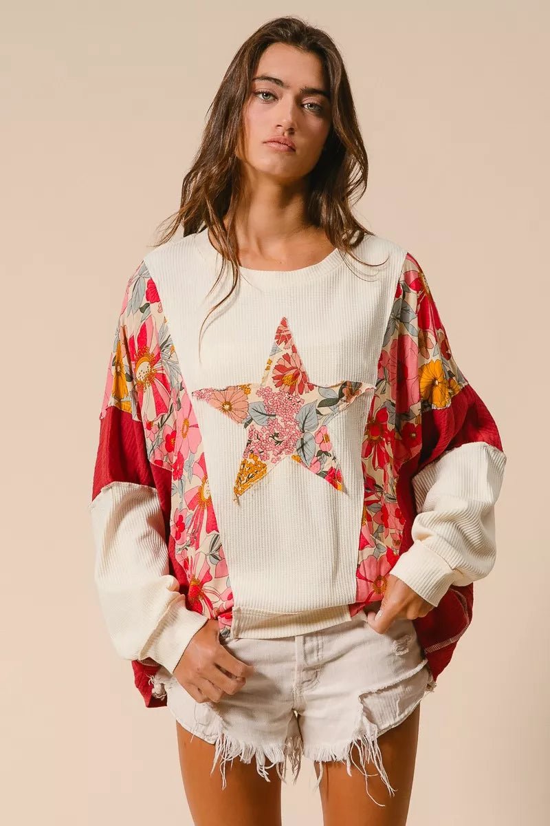 BiBi Floral Print Mixed Star Patch Round Neck Sweatshirt - Bitsy Gypsy Boutique