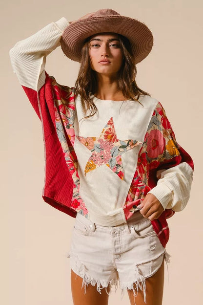 BiBi Floral Print Mixed Star Patch Round Neck Sweatshirt - Bitsy Gypsy Boutique