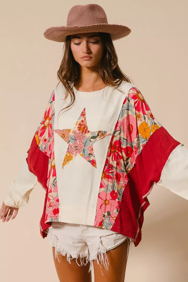 BiBi Floral Print Mixed Star Patch Round Neck Sweatshirt - Bitsy Gypsy Boutique