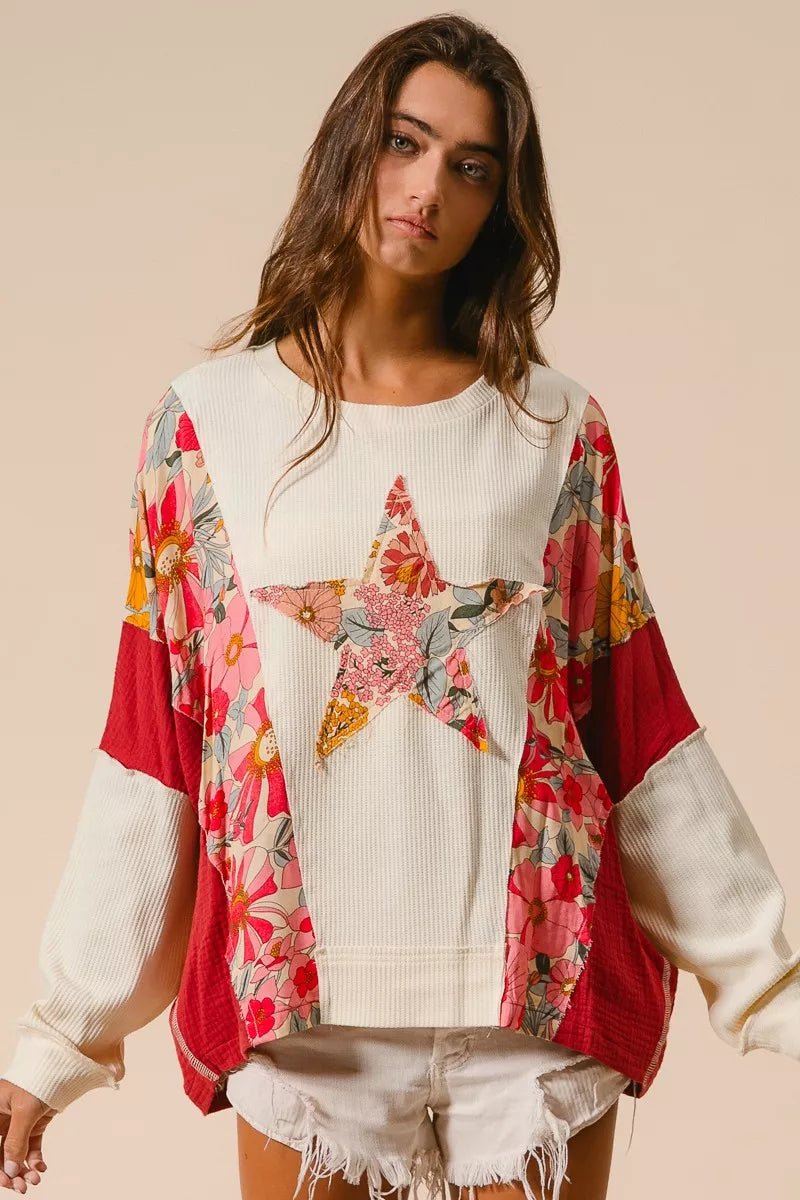 BiBi Floral Print Mixed Star Patch Round Neck Sweatshirt - Bitsy Gypsy Boutique