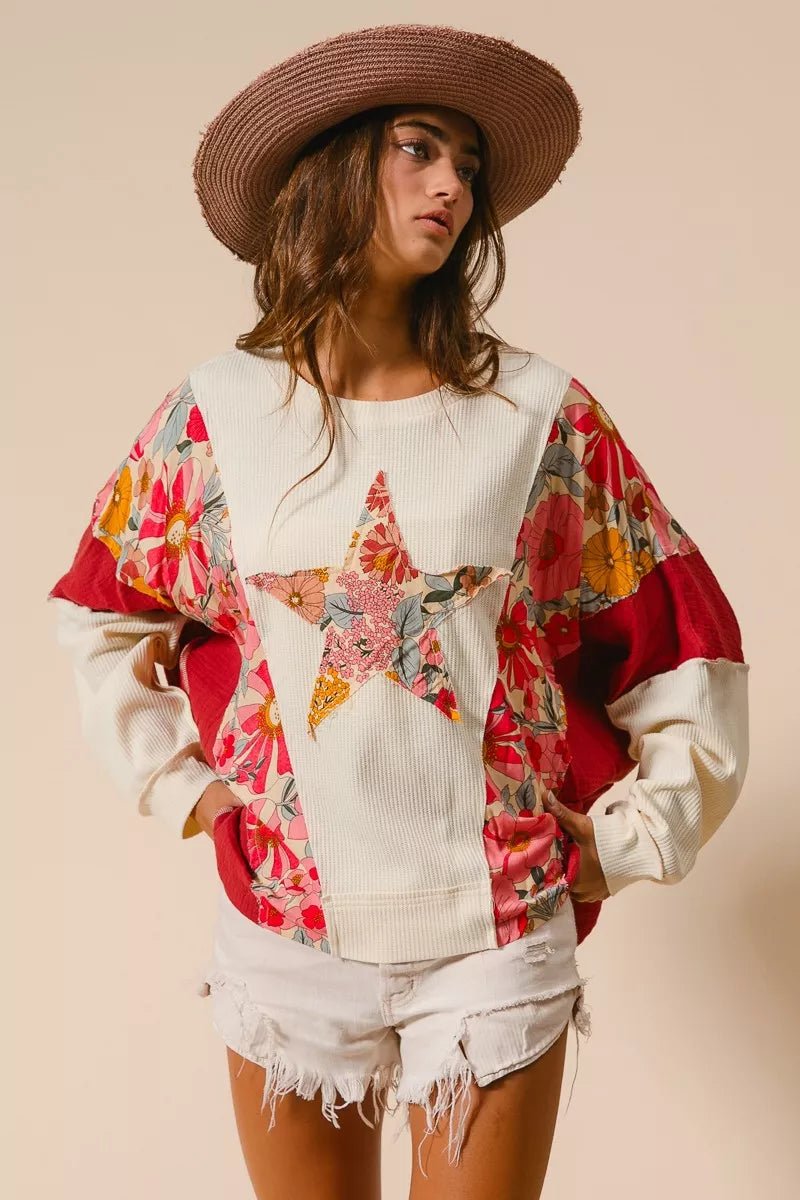 BiBi Floral Print Mixed Star Patch Round Neck Sweatshirt - Bitsy Gypsy Boutique