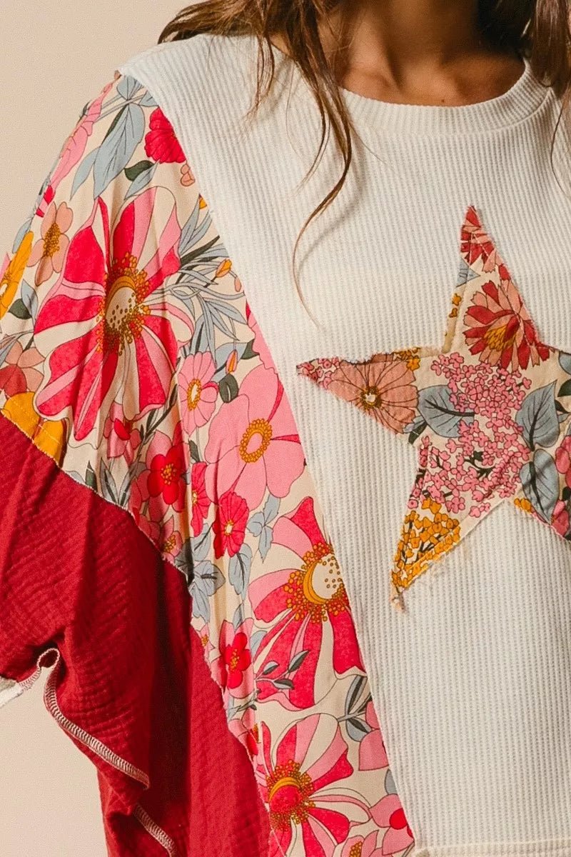 BiBi Floral Print Mixed Star Patch Round Neck Sweatshirt - Bitsy Gypsy Boutique