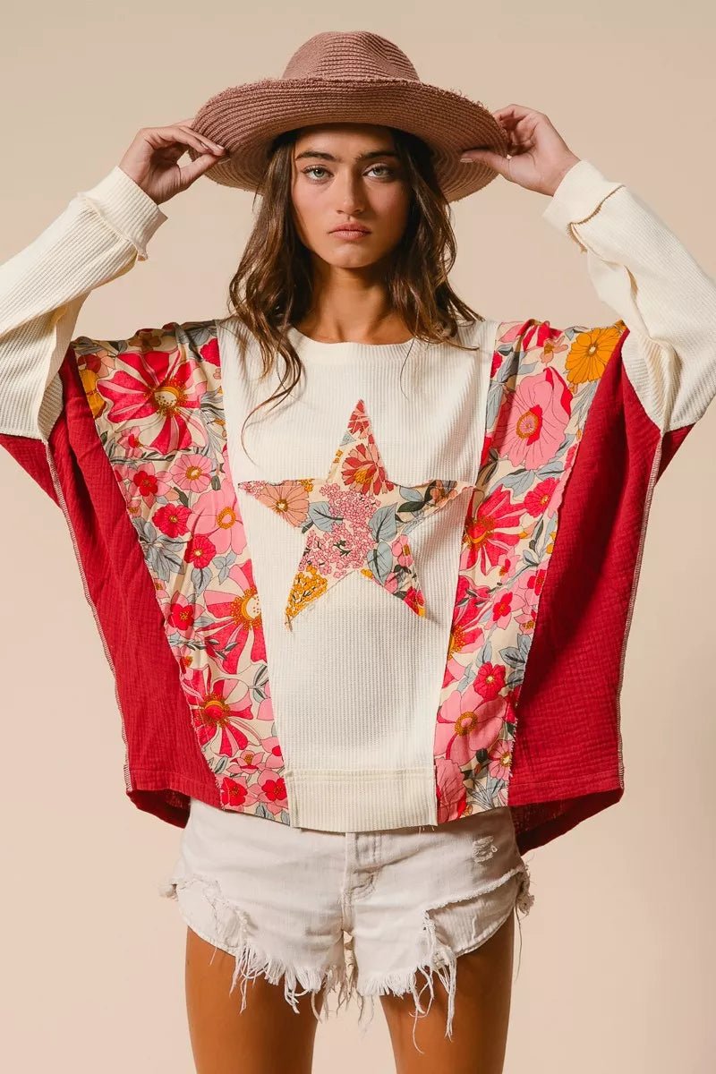 BiBi Floral Print Mixed Star Patch Round Neck Sweatshirt - Bitsy Gypsy Boutique