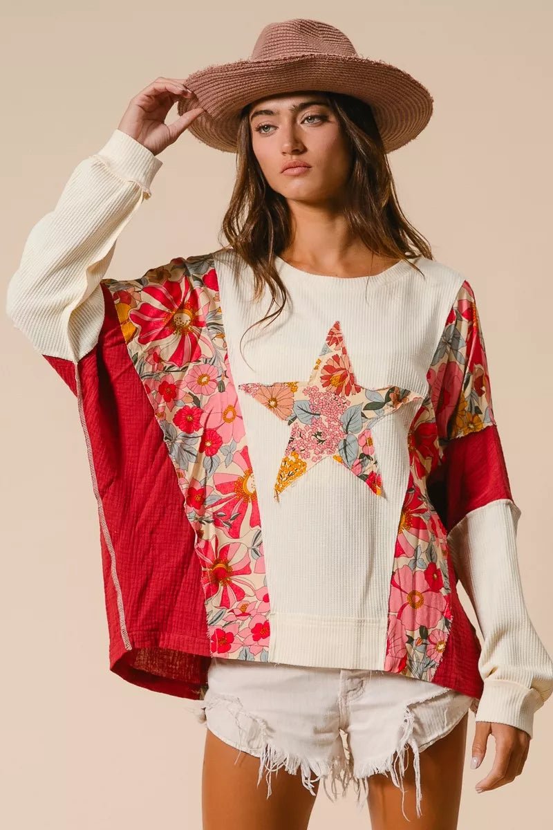 BiBi Floral Print Mixed Star Patch Round Neck Sweatshirt - Bitsy Gypsy Boutique
