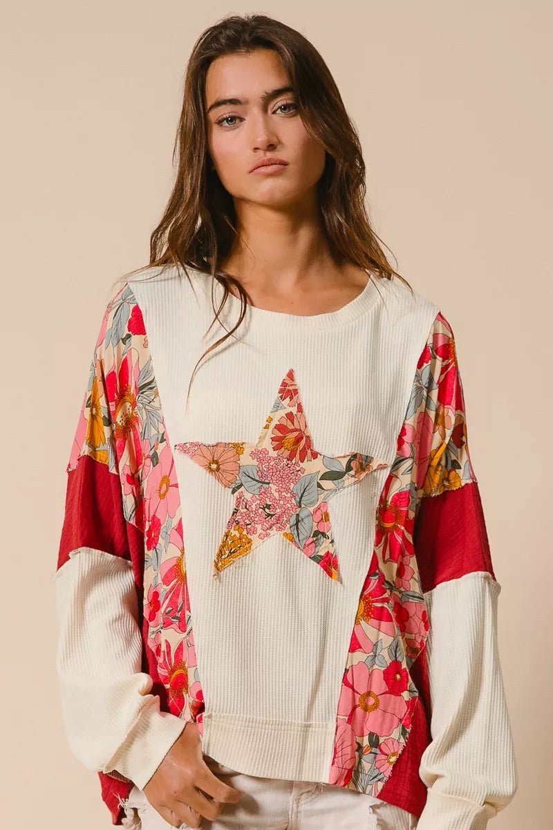BiBi Floral Print Mixed Star Patch Round Neck Sweatshirt - Bitsy Gypsy Boutique