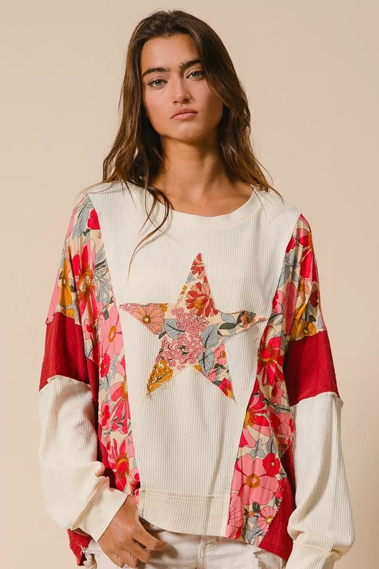 BiBi Floral Print Mixed Star Patch Round Neck Sweatshirt - Bitsy Gypsy Boutique