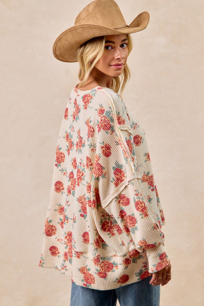 BiBi Floral Print Oversized Waffle Thermal Sweatshirt - Bitsy Gypsy Boutique