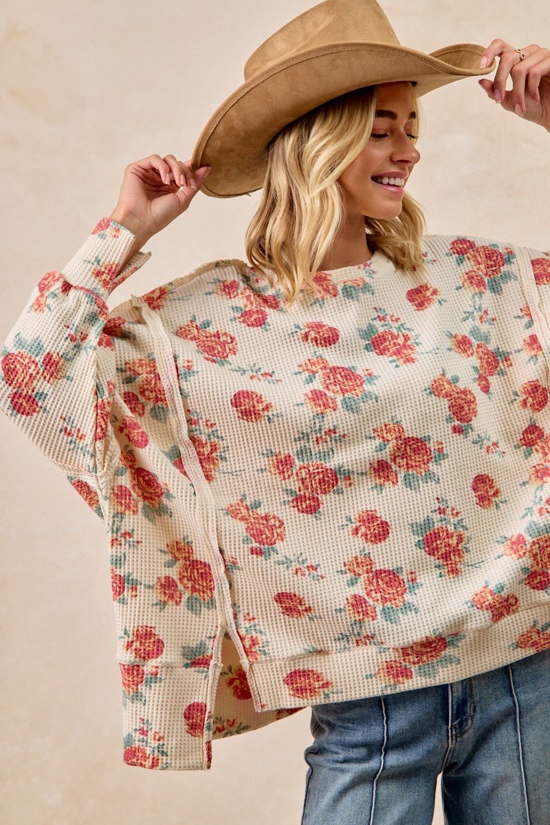 BiBi Floral Print Oversized Waffle Thermal Sweatshirt - Bitsy Gypsy Boutique