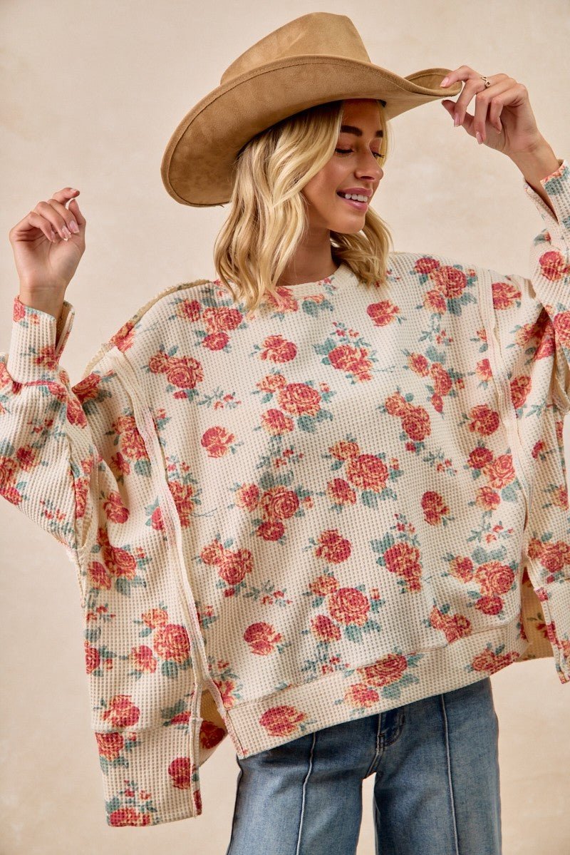 BiBi Floral Print Oversized Waffle Thermal Sweatshirt - Bitsy Gypsy Boutique