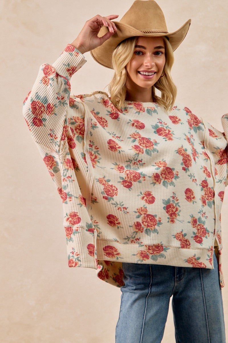 BiBi Floral Print Oversized Waffle Thermal Sweatshirt - Bitsy Gypsy Boutique