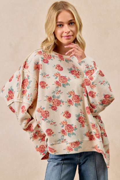 BiBi Floral Print Oversized Waffle Thermal Sweatshirt - Bitsy Gypsy Boutique