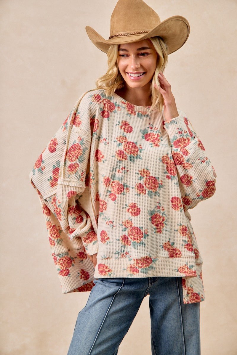 BiBi Floral Print Oversized Waffle Thermal Sweatshirt - Bitsy Gypsy Boutique