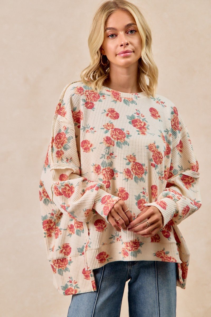 BiBi Floral Print Oversized Waffle Thermal Sweatshirt - Bitsy Gypsy Boutique