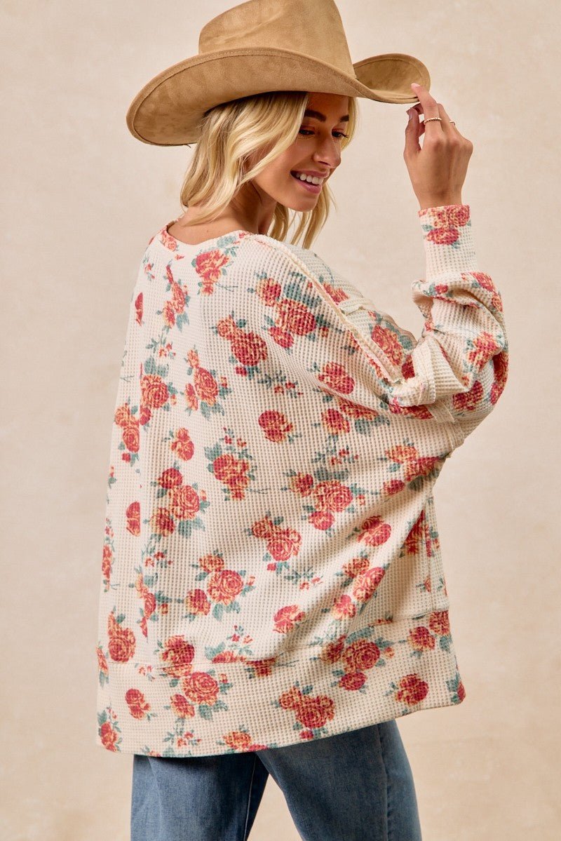 BiBi Floral Print Oversized Waffle Thermal Sweatshirt - Bitsy Gypsy Boutique