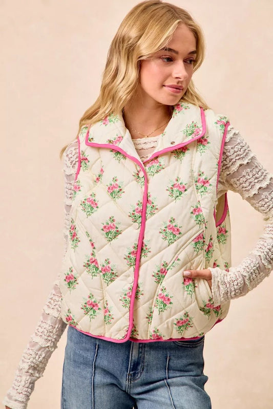 BiBi Floral Print Piping Detail Quilted Vest - Bitsy Gypsy Boutique
