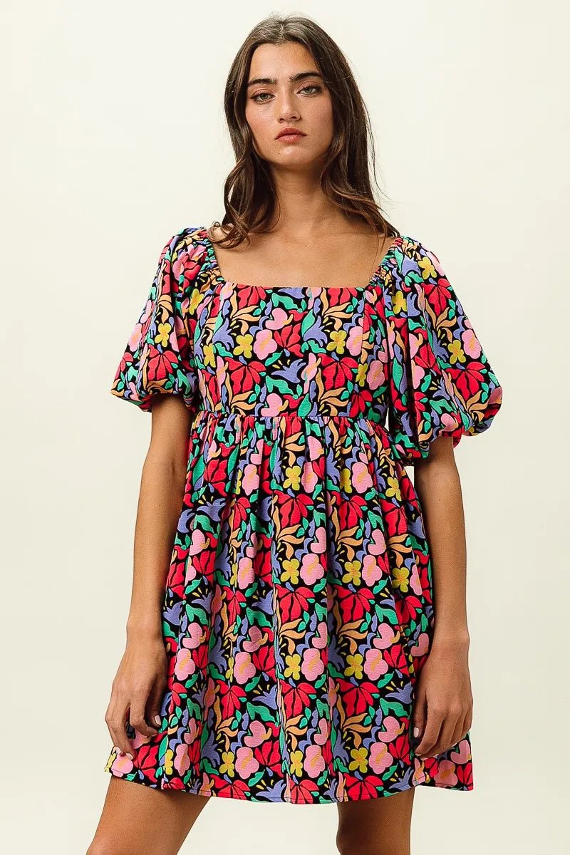 BiBi Floral Print Puff Square Neck Dress - Bitsy Gypsy Boutique