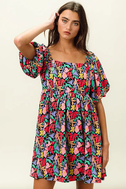BiBi Floral Print Puff Square Neck Dress - Bitsy Gypsy Boutique