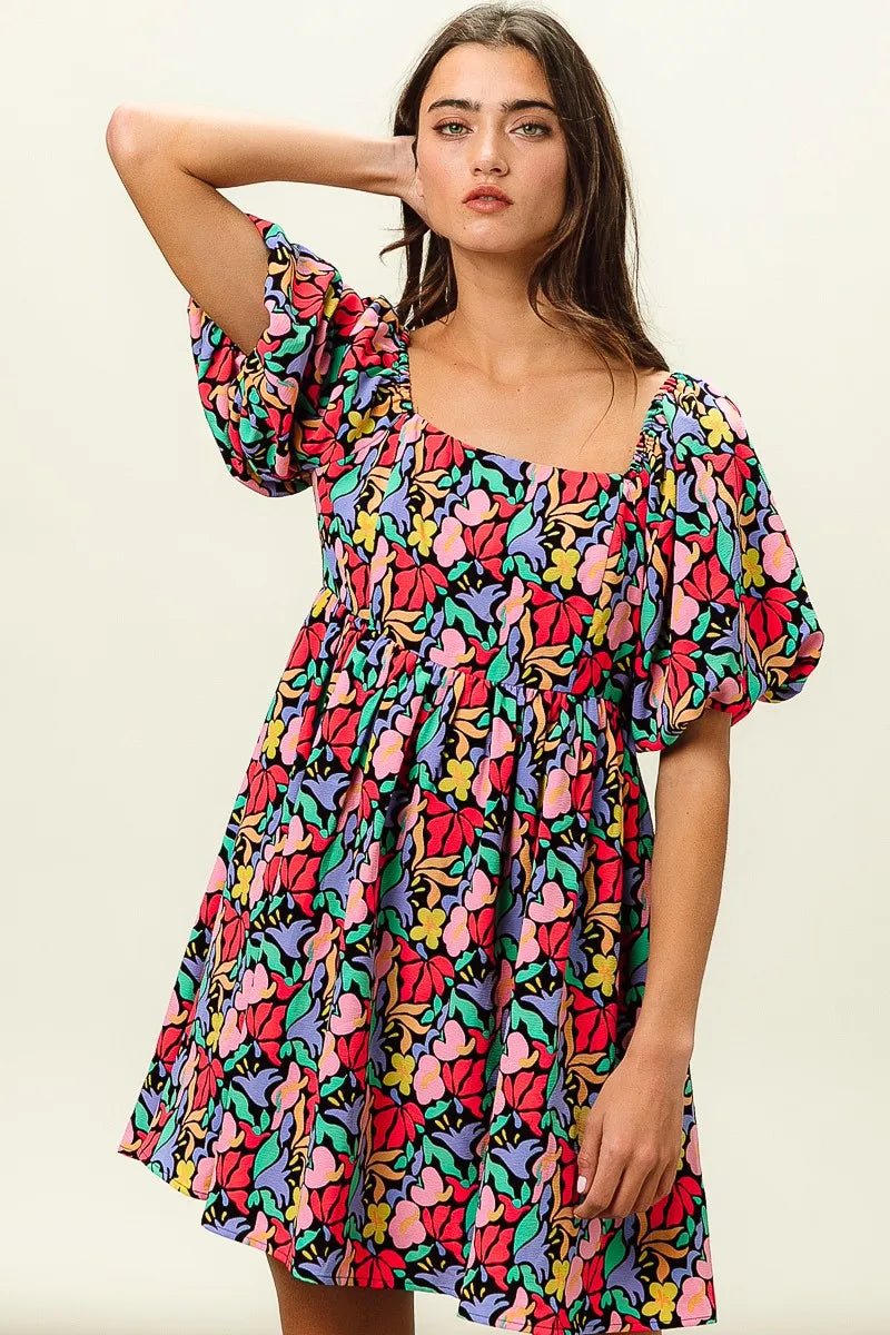 BiBi Floral Print Puff Square Neck Dress - Bitsy Gypsy Boutique
