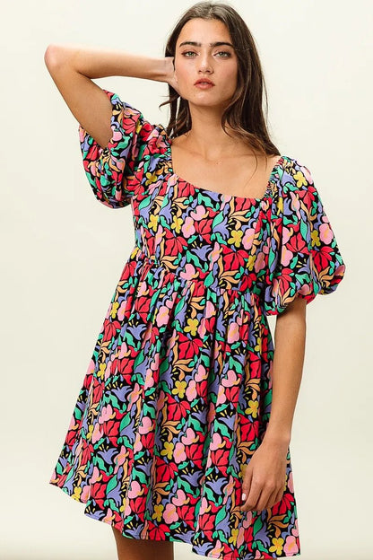 BiBi Floral Print Puff Square Neck Dress - Bitsy Gypsy Boutique
